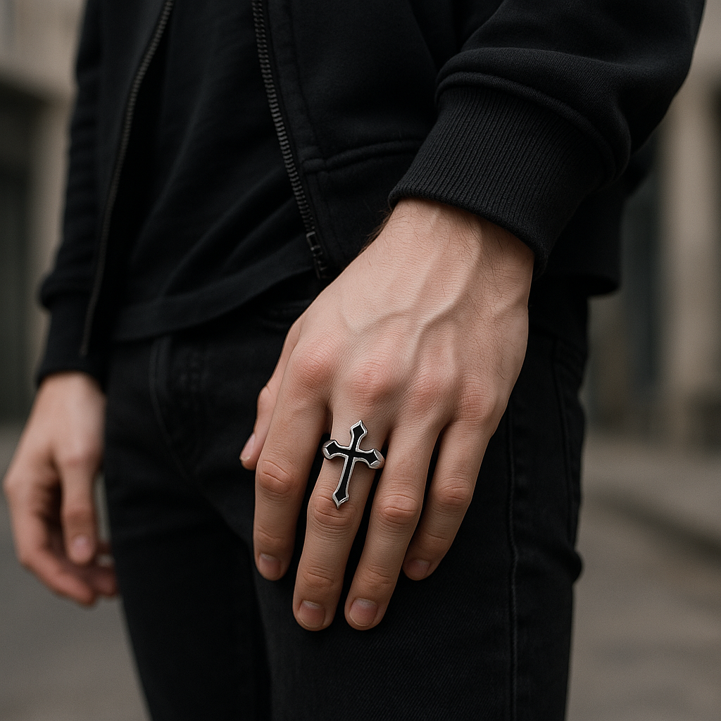 Obsidian Crucifix Ring